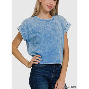 Acid Wash Cotton Folded Sleeve Top Zenana